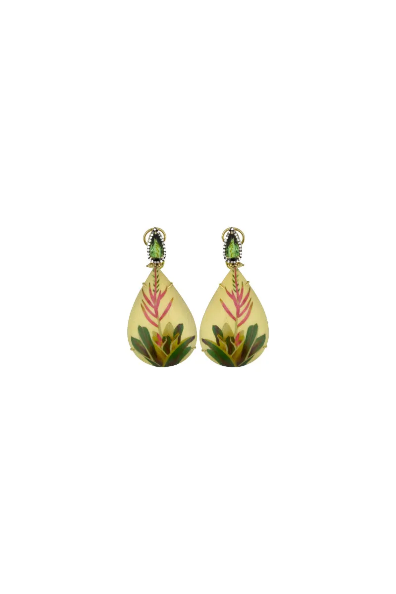 Marquetry White and Green Plant Earrings