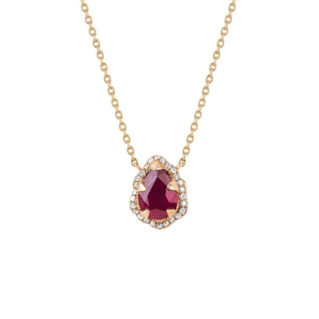 Micro Queen Water Drop Ruby Necklace with Pavé Diamond Halo