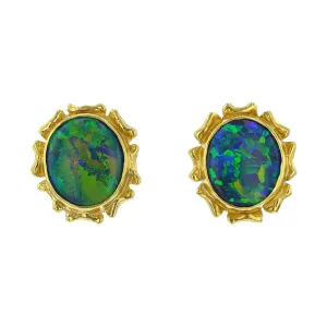 Mid-century Cabochon Black Opal Stud Earrings