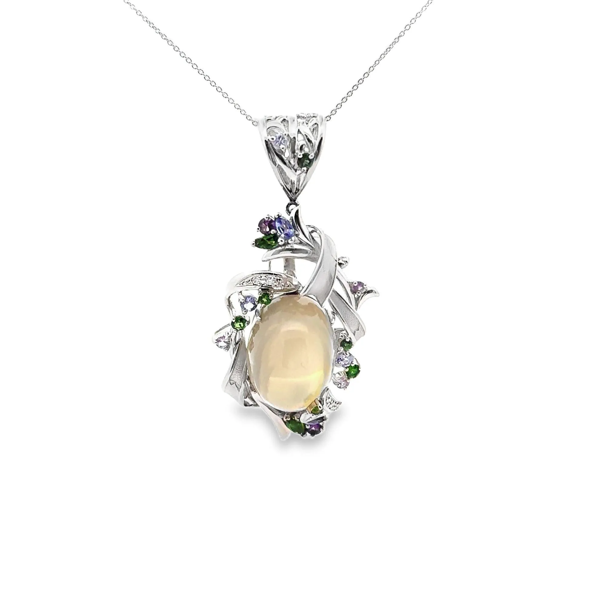 Moonstone Diamond Multi-Color Gemstone Platinum Brooch & Pendant