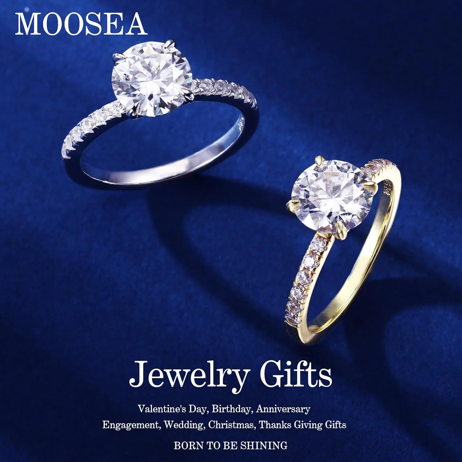 MOOSEA 2ct Moissanite Rings for Women, Valentine's Day Gifts - Round Cut Lab Created Moissanite Moissanite Engagement Ring | 14K White Gold Vermeil Moissanite Rings | Trendy Rings Jewelry for Women