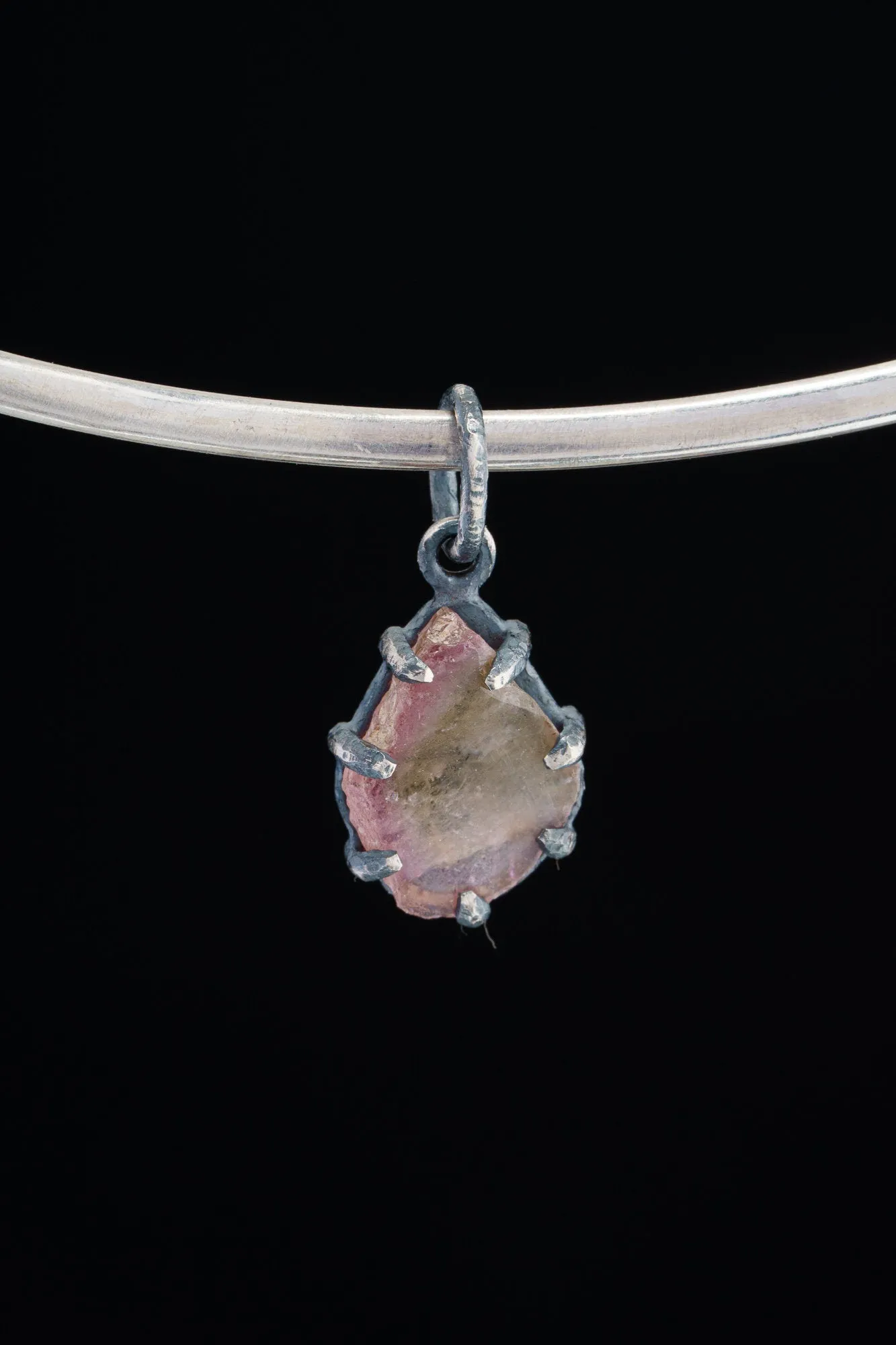 Natural Gem Watermelon Tourmaline Slice  - Oxidised Sterling Silver - Strong Claw Wire Setting  - Hammer Textured - Pendant Crystal Necklace
