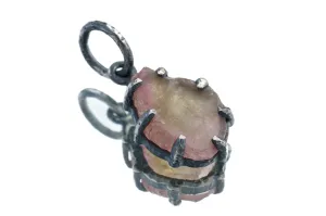 Natural Gem Watermelon Tourmaline Slice  - Oxidised Sterling Silver - Strong Claw Wire Setting  - Hammer Textured - Pendant Crystal Necklace