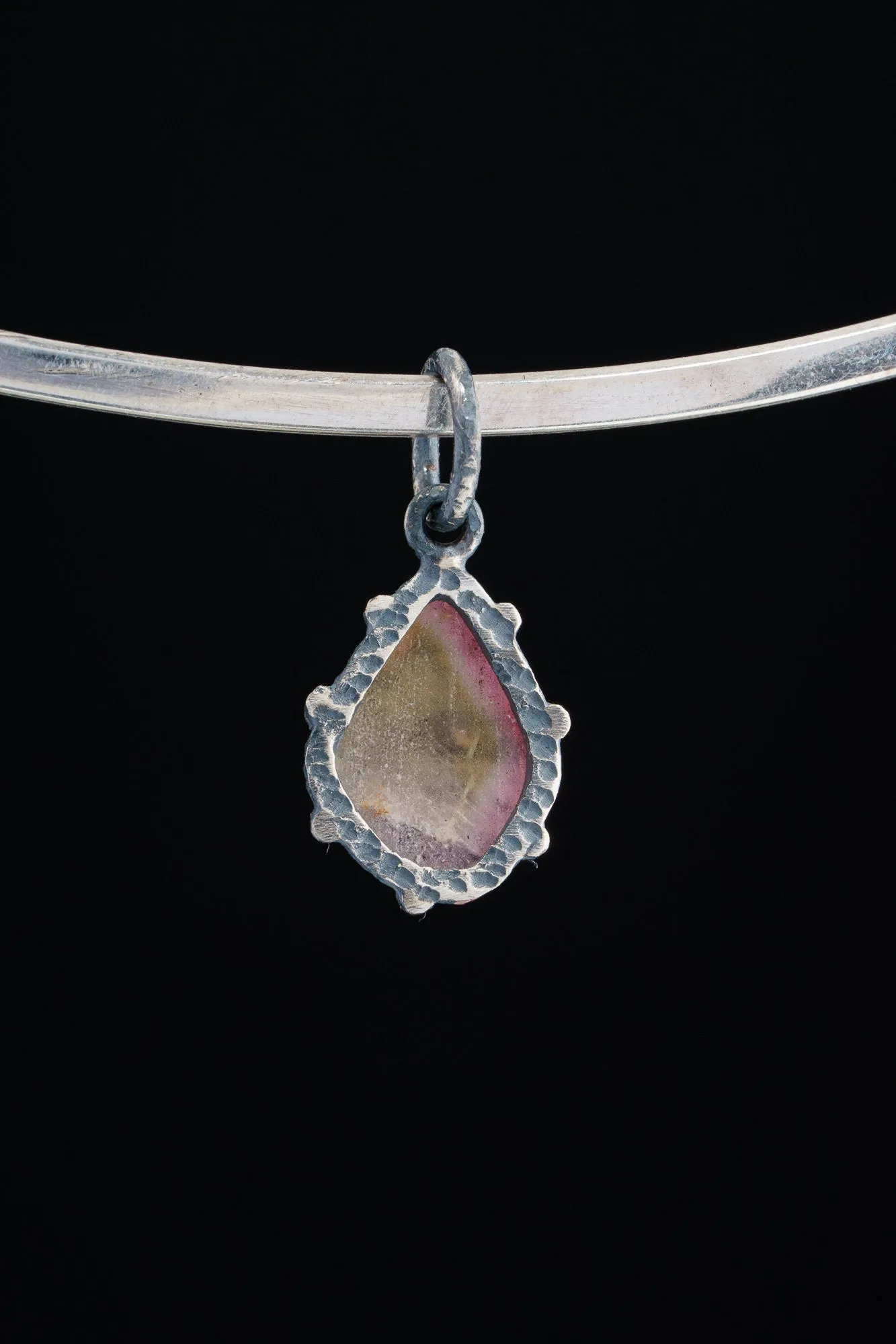 Natural Gem Watermelon Tourmaline Slice  - Oxidised Sterling Silver - Strong Claw Wire Setting  - Hammer Textured - Pendant Crystal Necklace