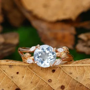 Nature Inspired 2Carat Natural Aquamarine Ring Delicate Leaf Twigs Promise Wedding Ring