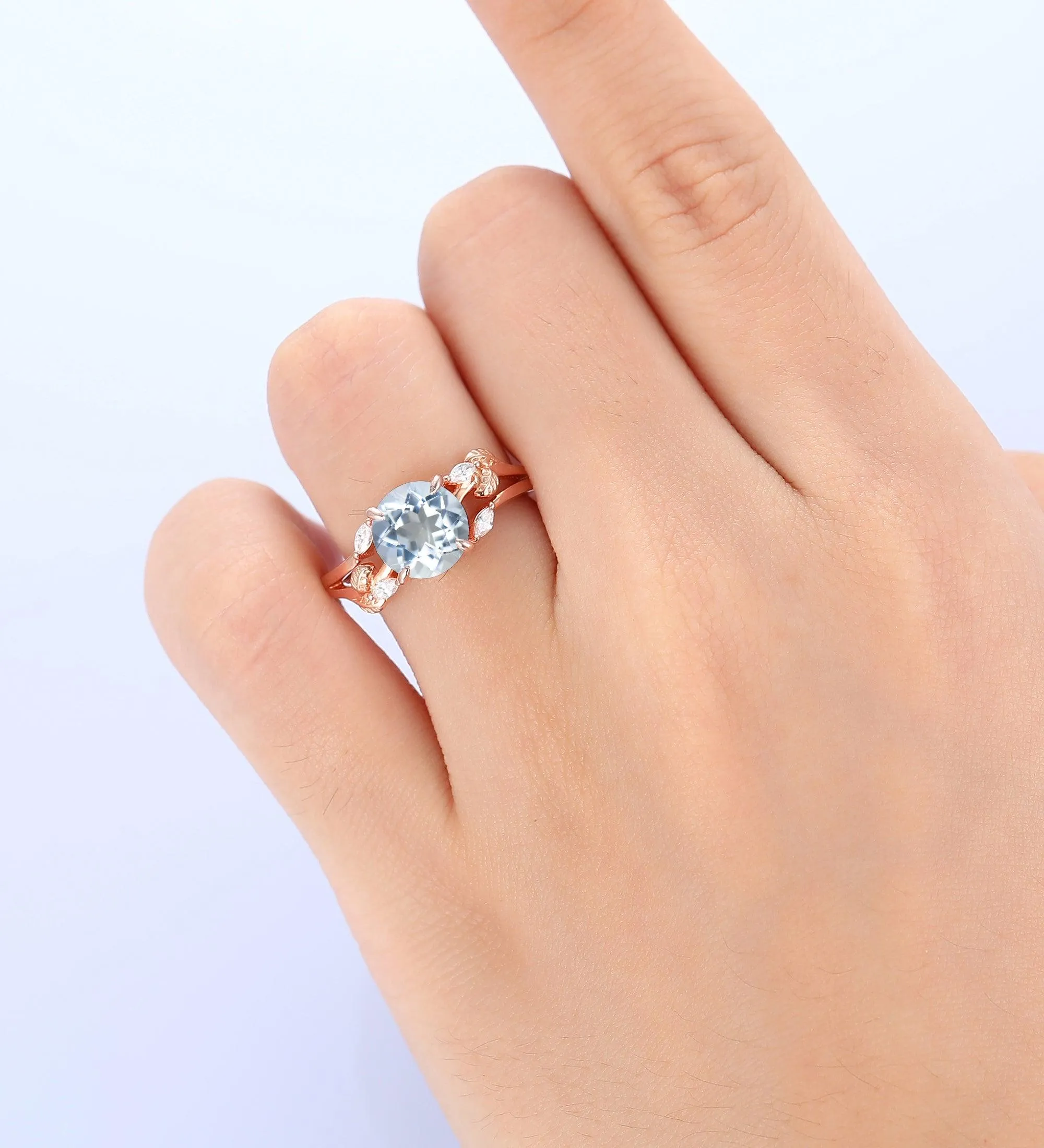 Nature Inspired 2Carat Natural Aquamarine Ring Delicate Leaf Twigs Promise Wedding Ring