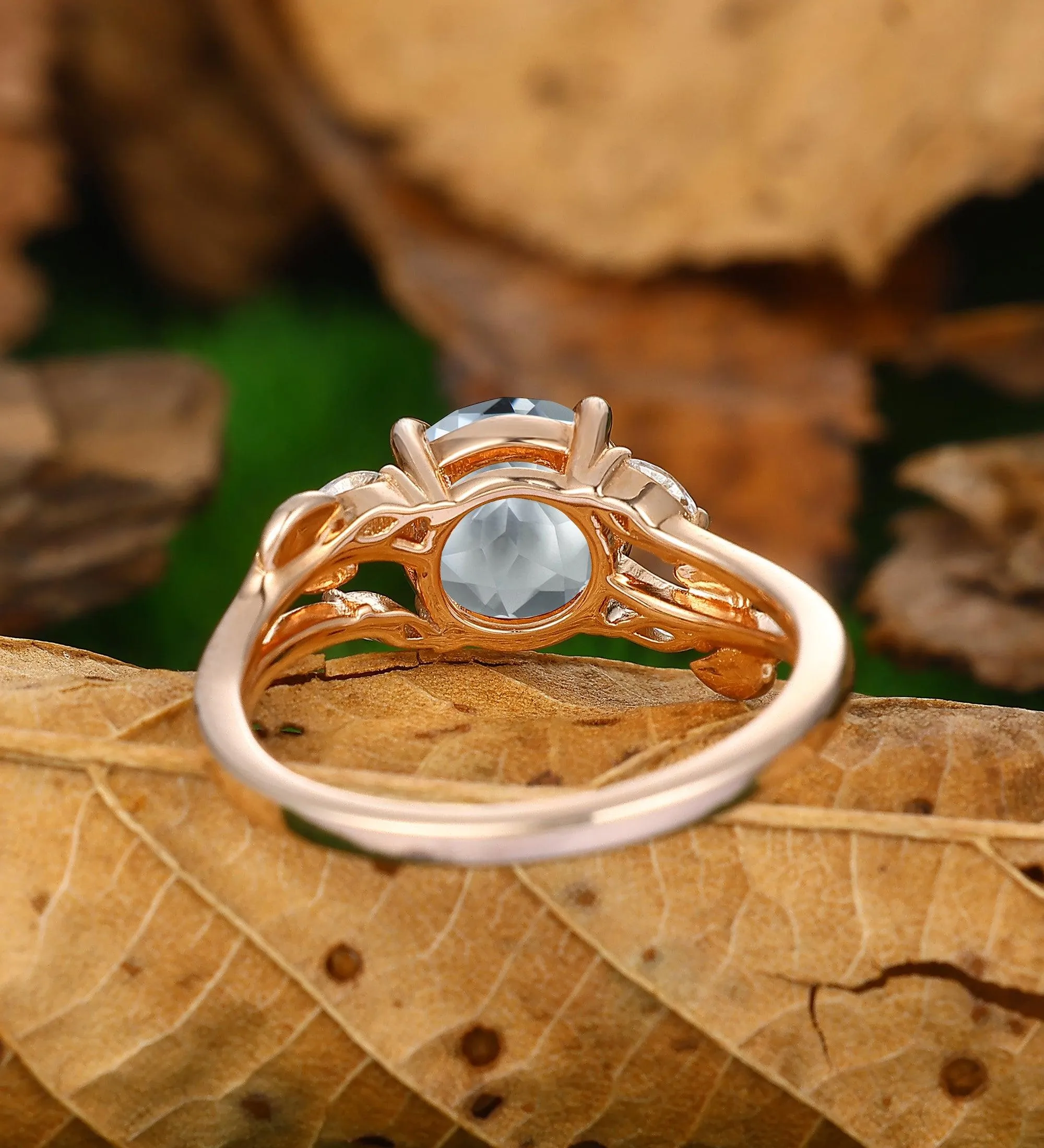 Nature Inspired 2Carat Natural Aquamarine Ring Delicate Leaf Twigs Promise Wedding Ring