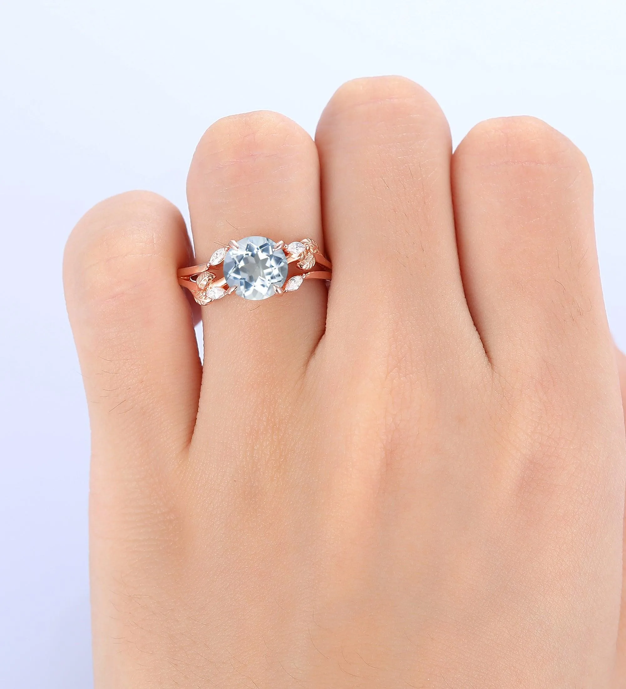 Nature Inspired 2Carat Natural Aquamarine Ring Delicate Leaf Twigs Promise Wedding Ring