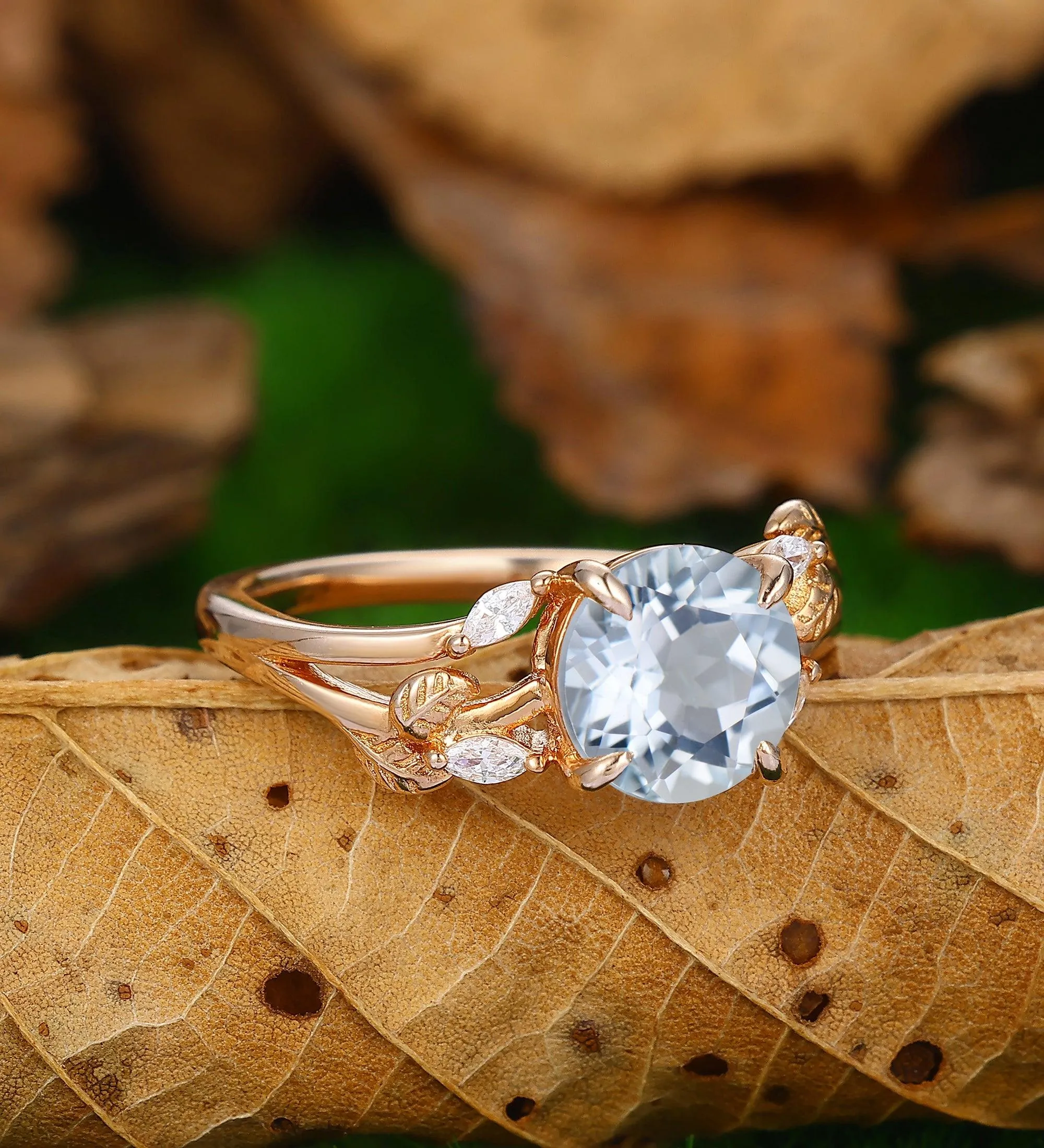 Nature Inspired 2Carat Natural Aquamarine Ring Delicate Leaf Twigs Promise Wedding Ring