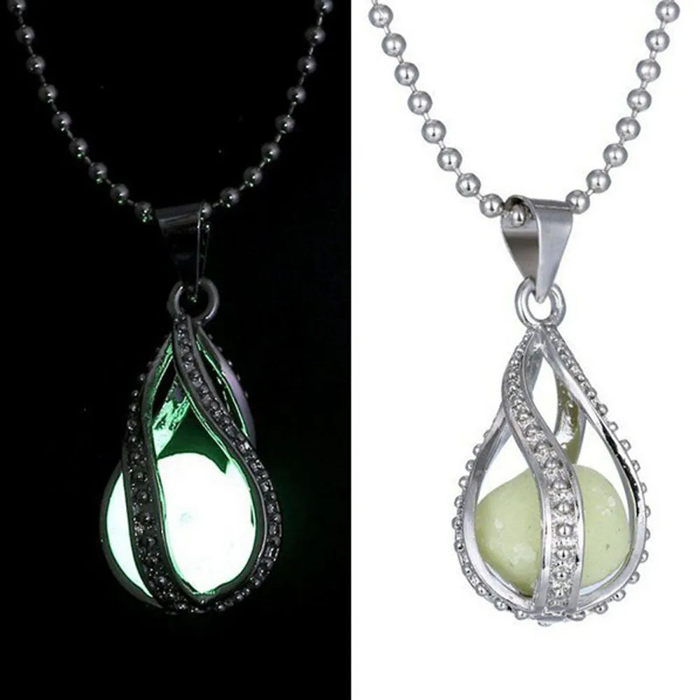 New Water Drop Locket Glow In The Dark Pendant Necklaces Glowing Luminous Stone Beads Vintage Necklaces Halloween Christmas Gift