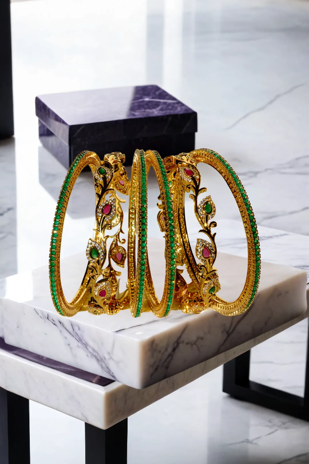 Norea Intricate Gold-Plated Bangle Set with Green and Ruby Stones (6-Piece Set)
