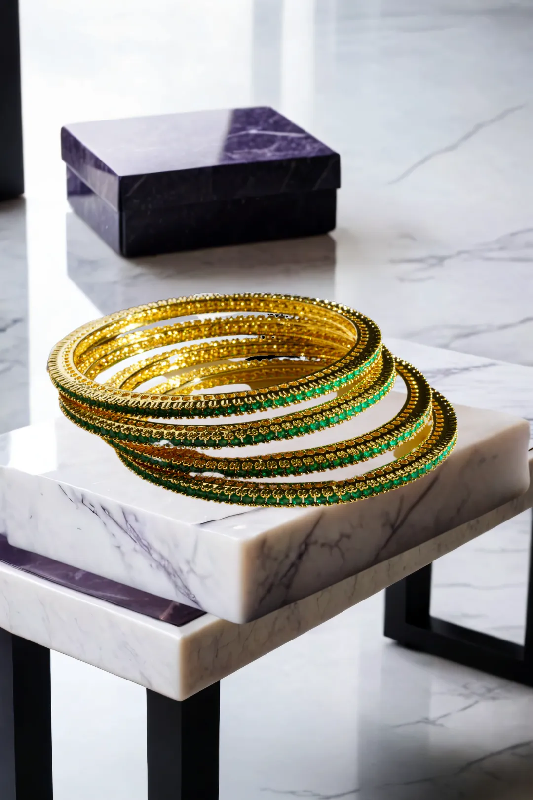 Norea Intricate Gold-Plated Bangle Set with Green and Ruby Stones (6-Piece Set)