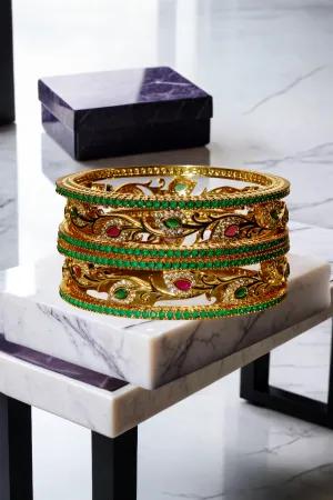 Norea Intricate Gold-Plated Bangle Set with Green and Ruby Stones (6-Piece Set)