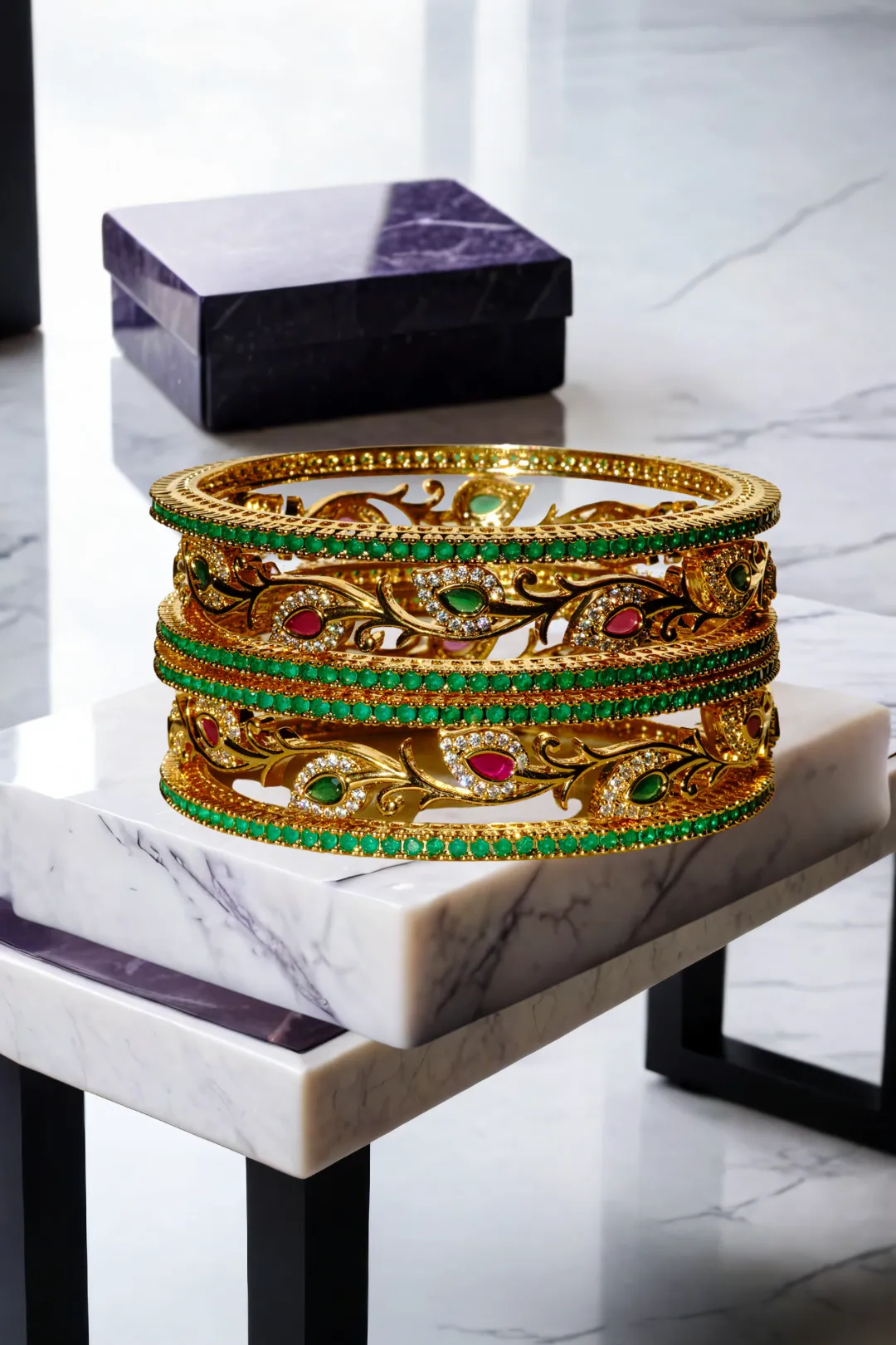 Norea Intricate Gold-Plated Bangle Set with Green and Ruby Stones (6-Piece Set)