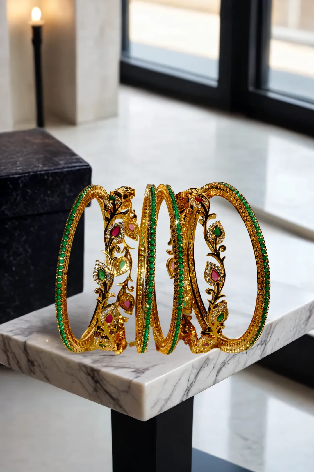 Norea Intricate Gold-Plated Bangle Set with Green and Ruby Stones (6-Piece Set)