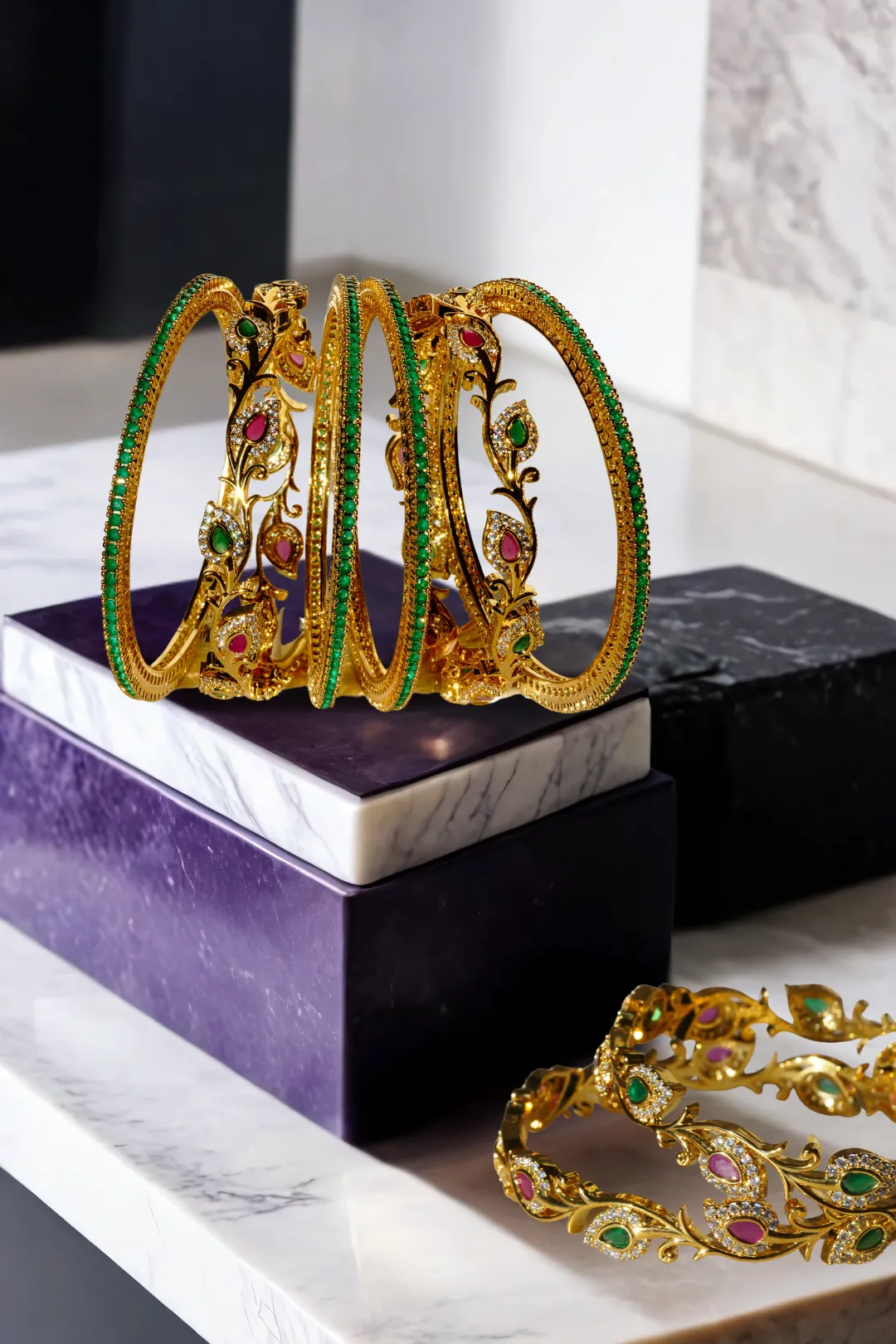 Norea Intricate Gold-Plated Bangle Set with Green and Ruby Stones (6-Piece Set)