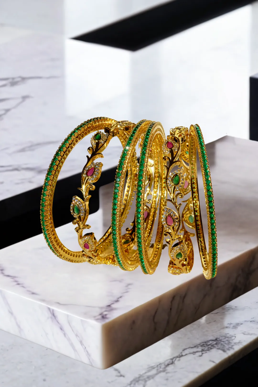 Norea Intricate Gold-Plated Bangle Set with Green and Ruby Stones (6-Piece Set)