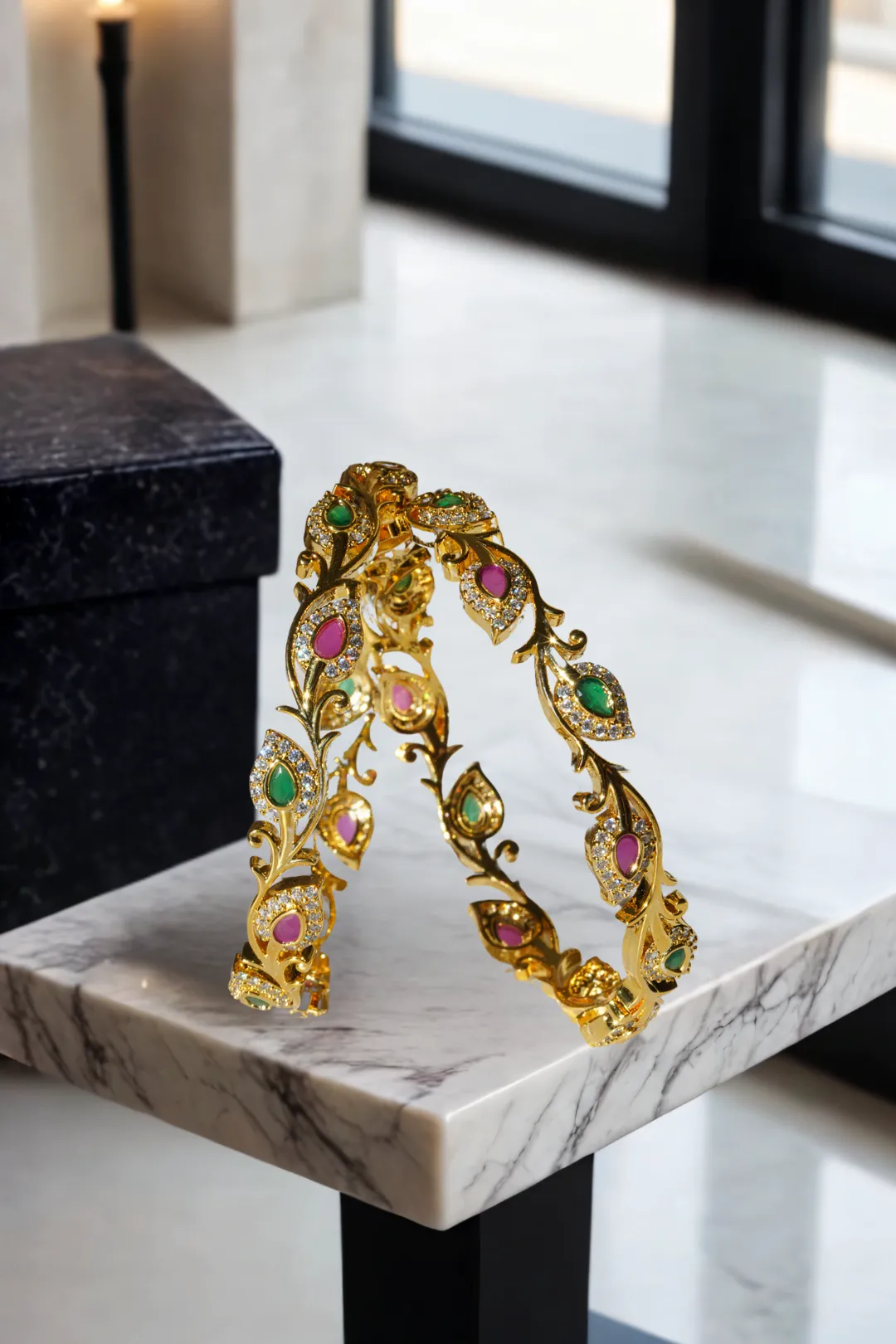 Norea Intricate Gold-Plated Bangle Set with Green and Ruby Stones (6-Piece Set)