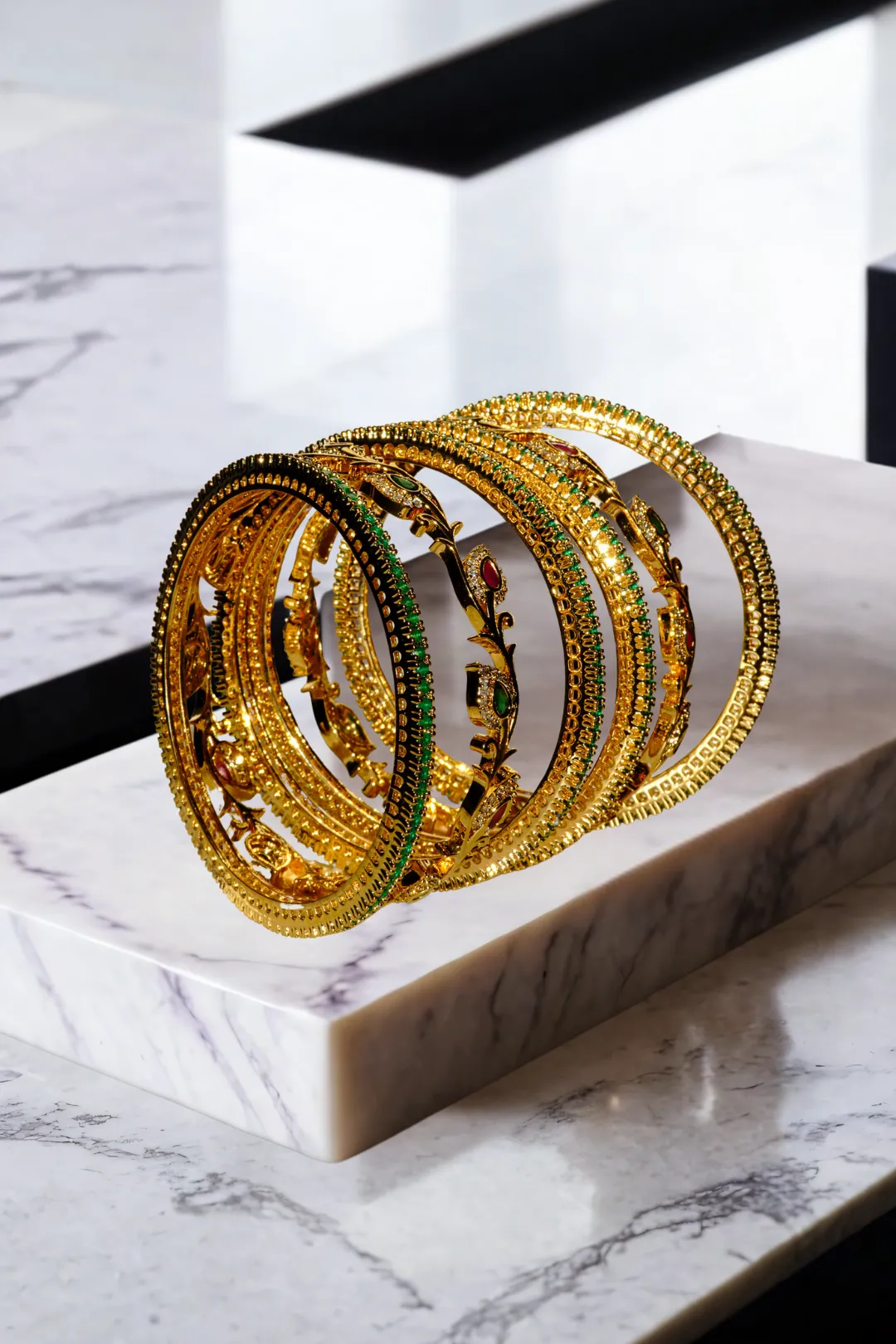 Norea Intricate Gold-Plated Bangle Set with Green and Ruby Stones (6-Piece Set)