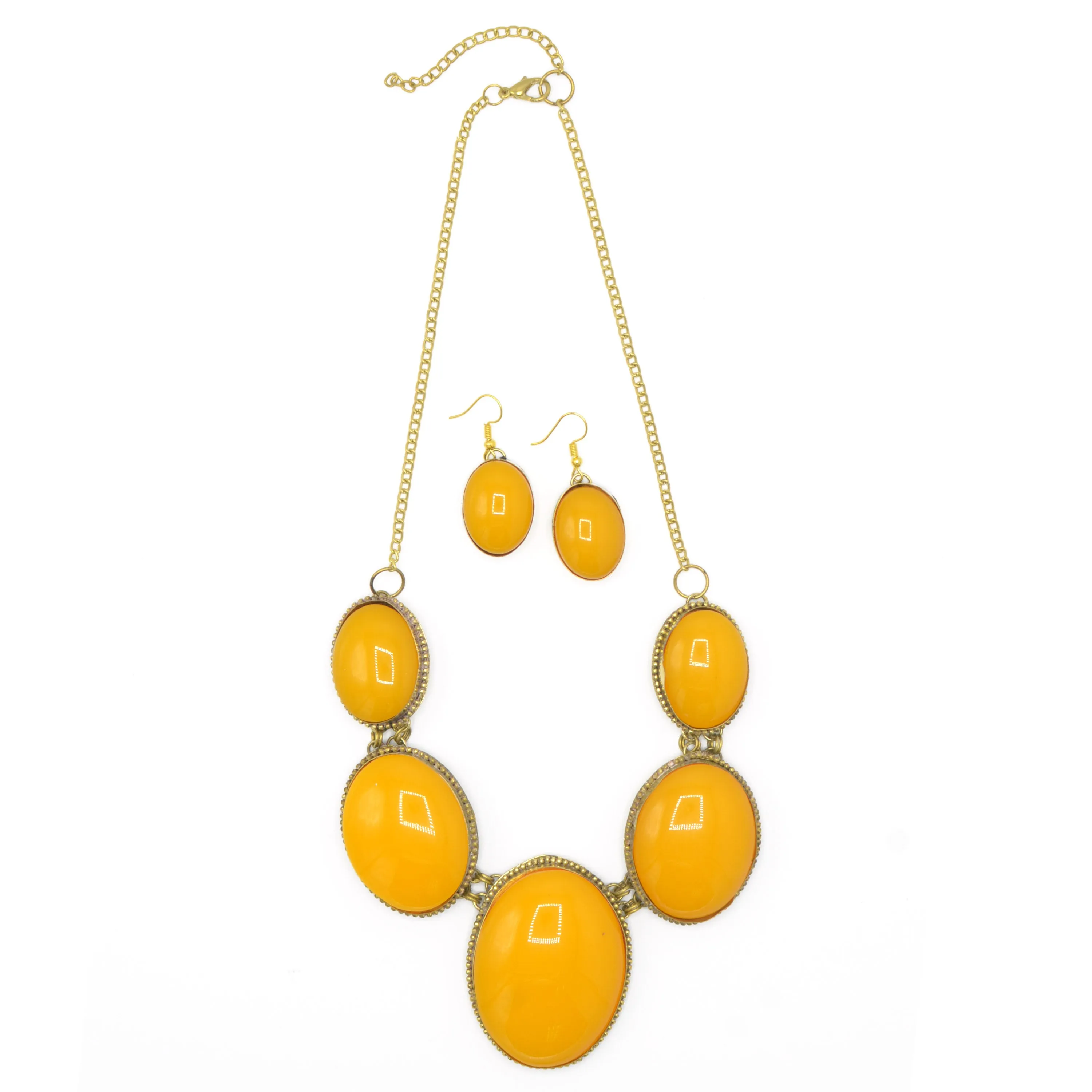 Orange Oval Resin Stone Gold Disc Necklace and Earrings Set#FWNK-1704-106(LC13/DB1)
