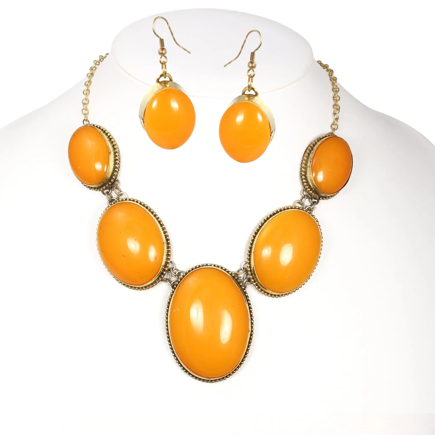 Orange Oval Resin Stone Gold Disc Necklace and Earrings Set#FWNK-1704-106(LC13/DB1)