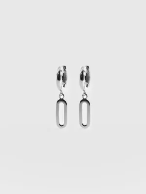 Oval Charm Drop Huggie Earrings - Silver