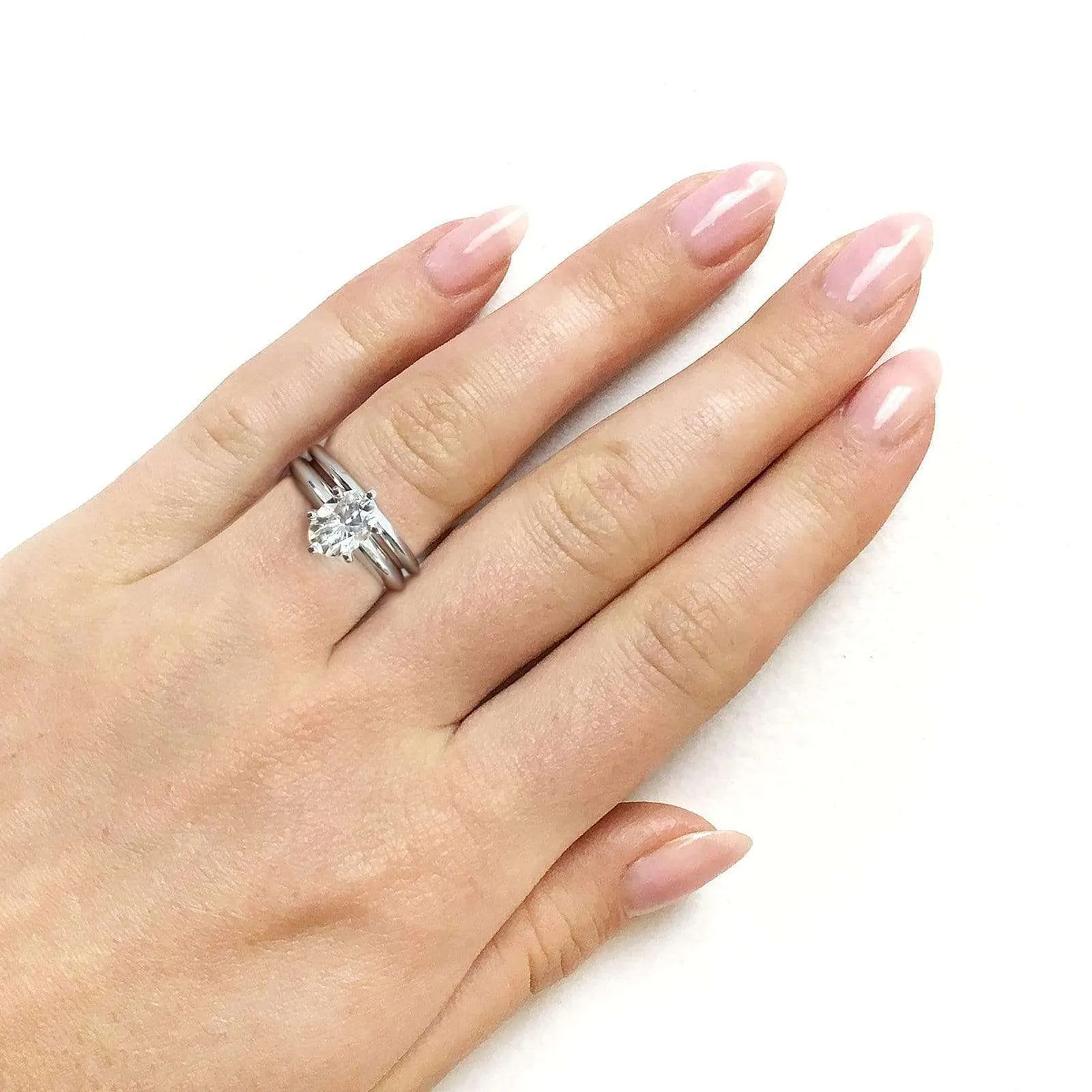 Oval Moissanite 6-prong Solitaire Bridal Rings Set 7/8 Carat in 14k White Gold