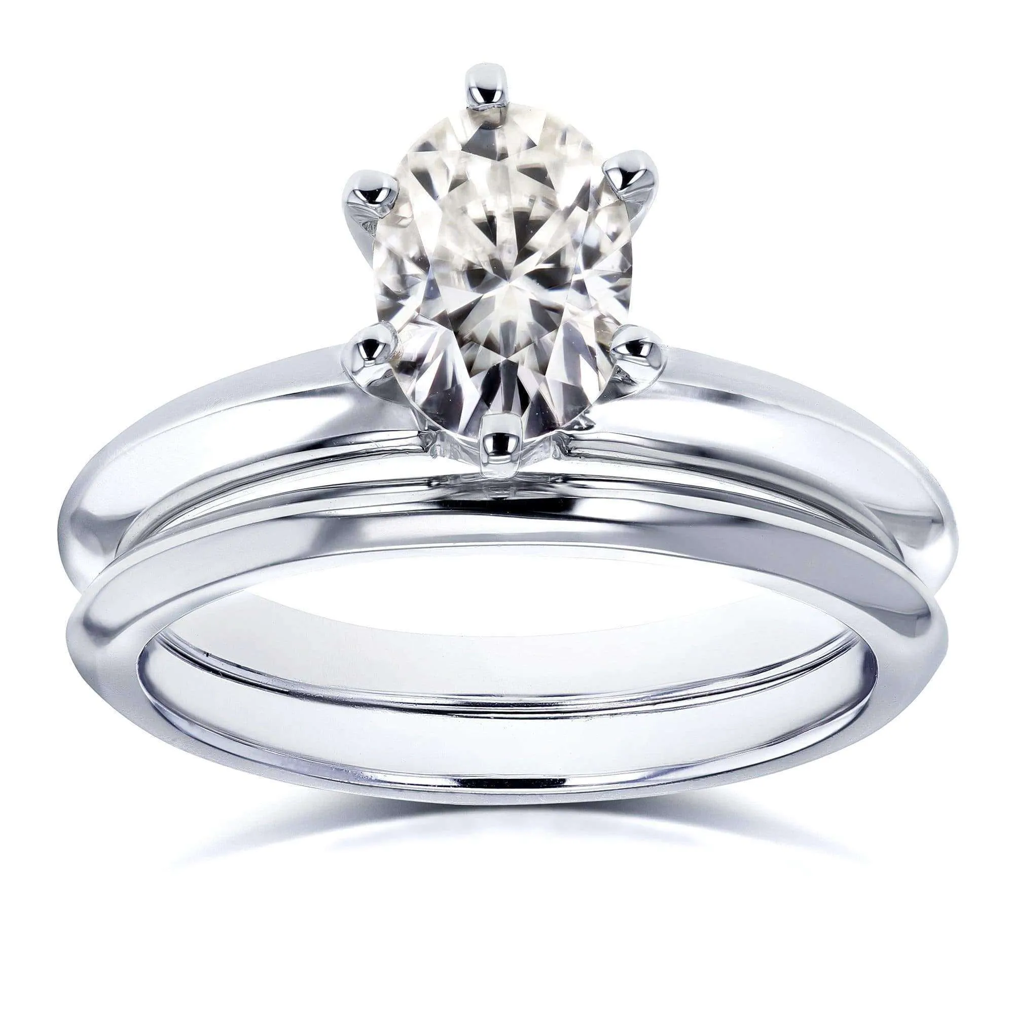 Oval Moissanite 6-prong Solitaire Bridal Rings Set 7/8 Carat in 14k White Gold