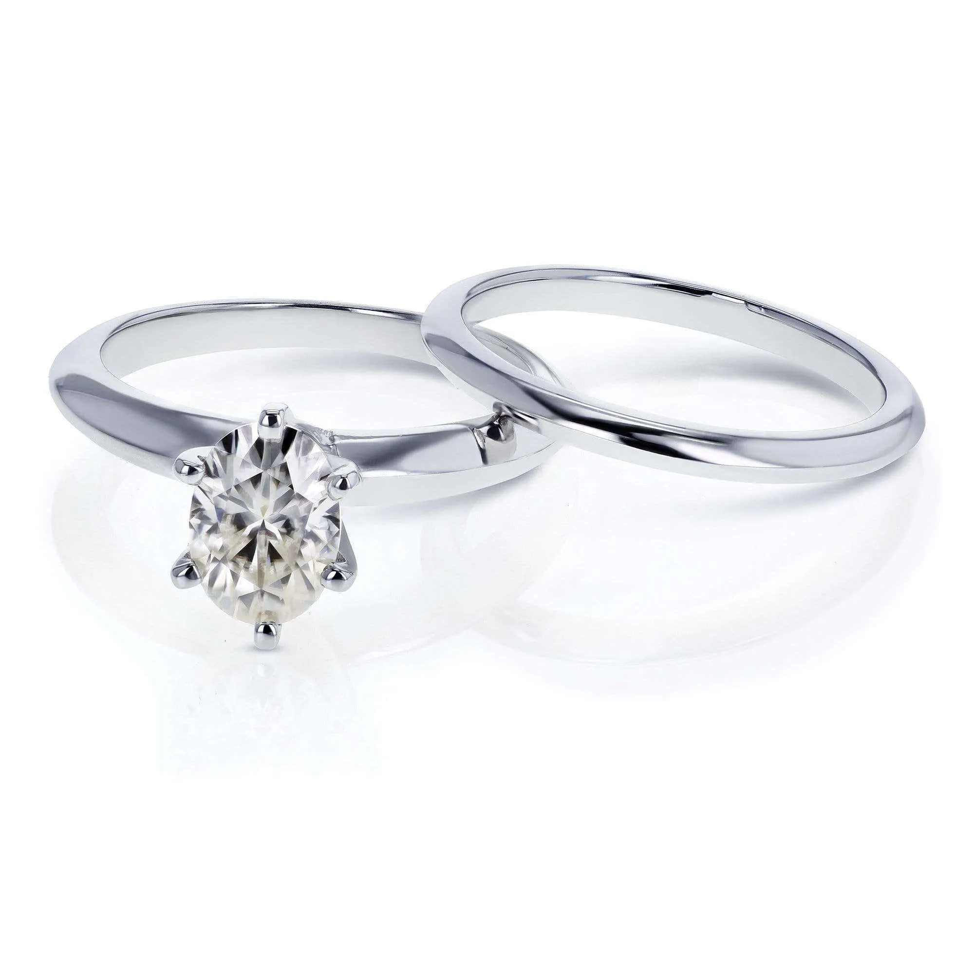 Oval Moissanite 6-prong Solitaire Bridal Rings Set 7/8 Carat in 14k White Gold