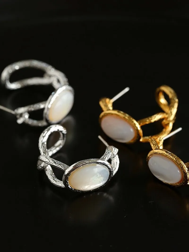 Oval White Mother-of-Pearl Twist Earrings