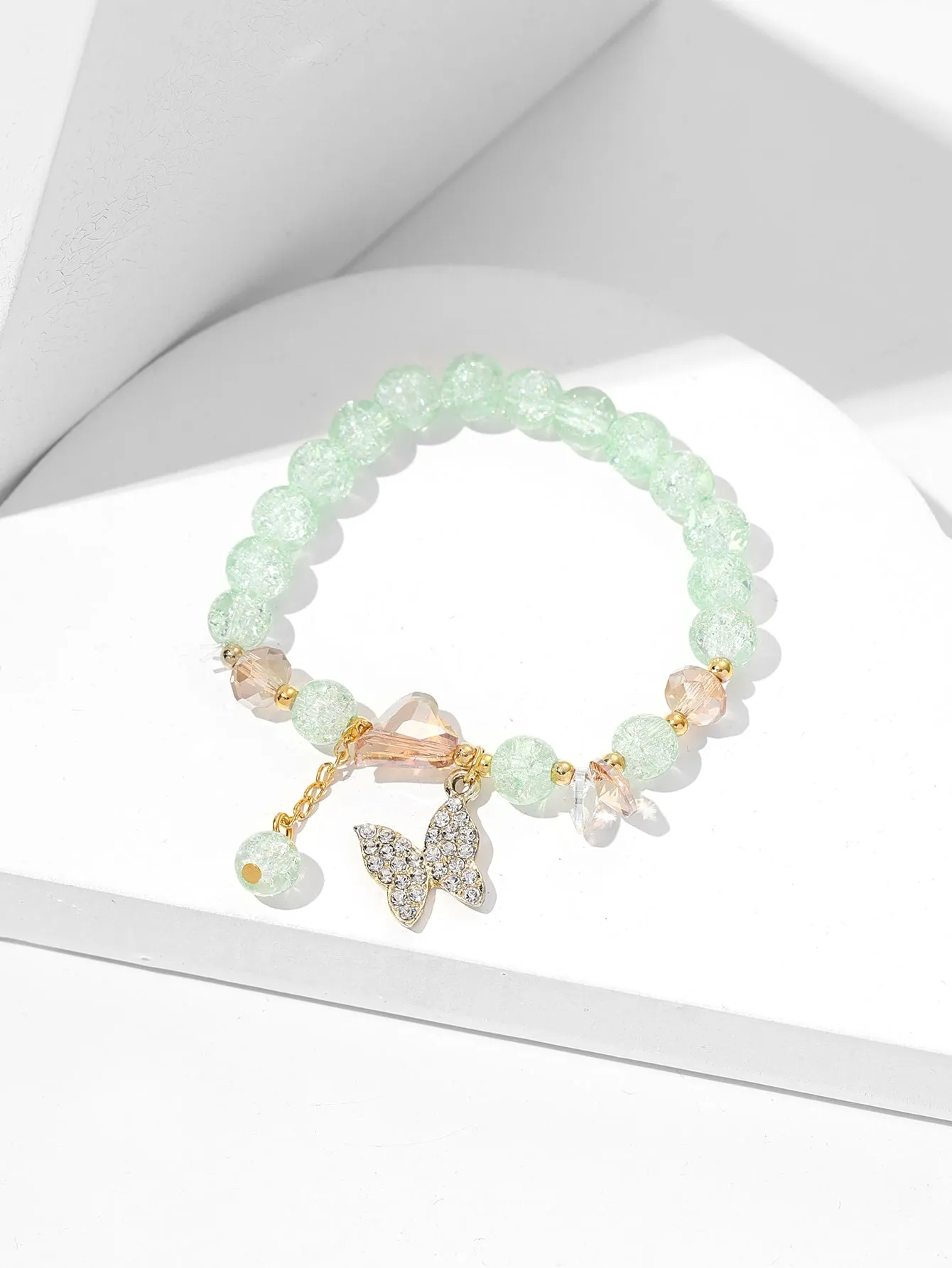 Pale Green Rhinestone Butterfly Charm Crystal Beaded Bracelet Stackable Stretch