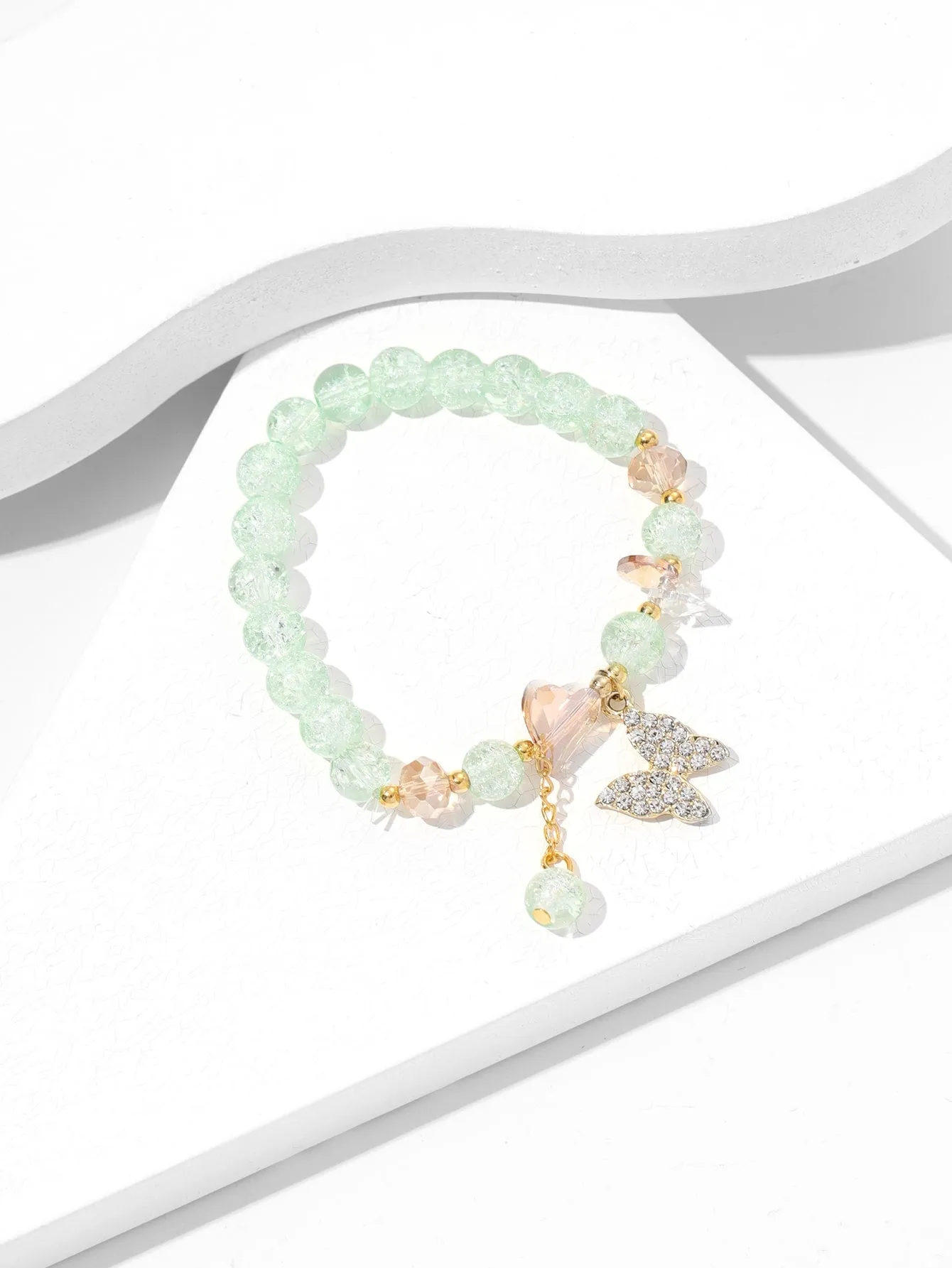 Pale Green Rhinestone Butterfly Charm Crystal Beaded Bracelet Stackable Stretch