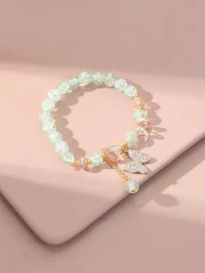 Pale Green Rhinestone Butterfly Charm Crystal Beaded Bracelet Stackable Stretch