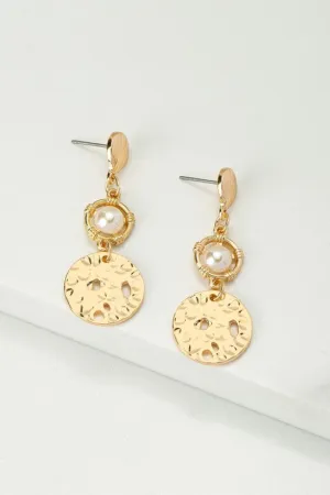 Pearl and Hammered Disk Drop Earrings