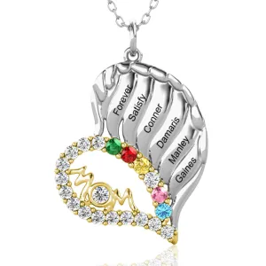 Personalised Necklace for Mum | Personalised Jewellery with Childrens Names | Heart Shaped Six Names Mother's Necklace with Six Birthstones Sterling Silver
