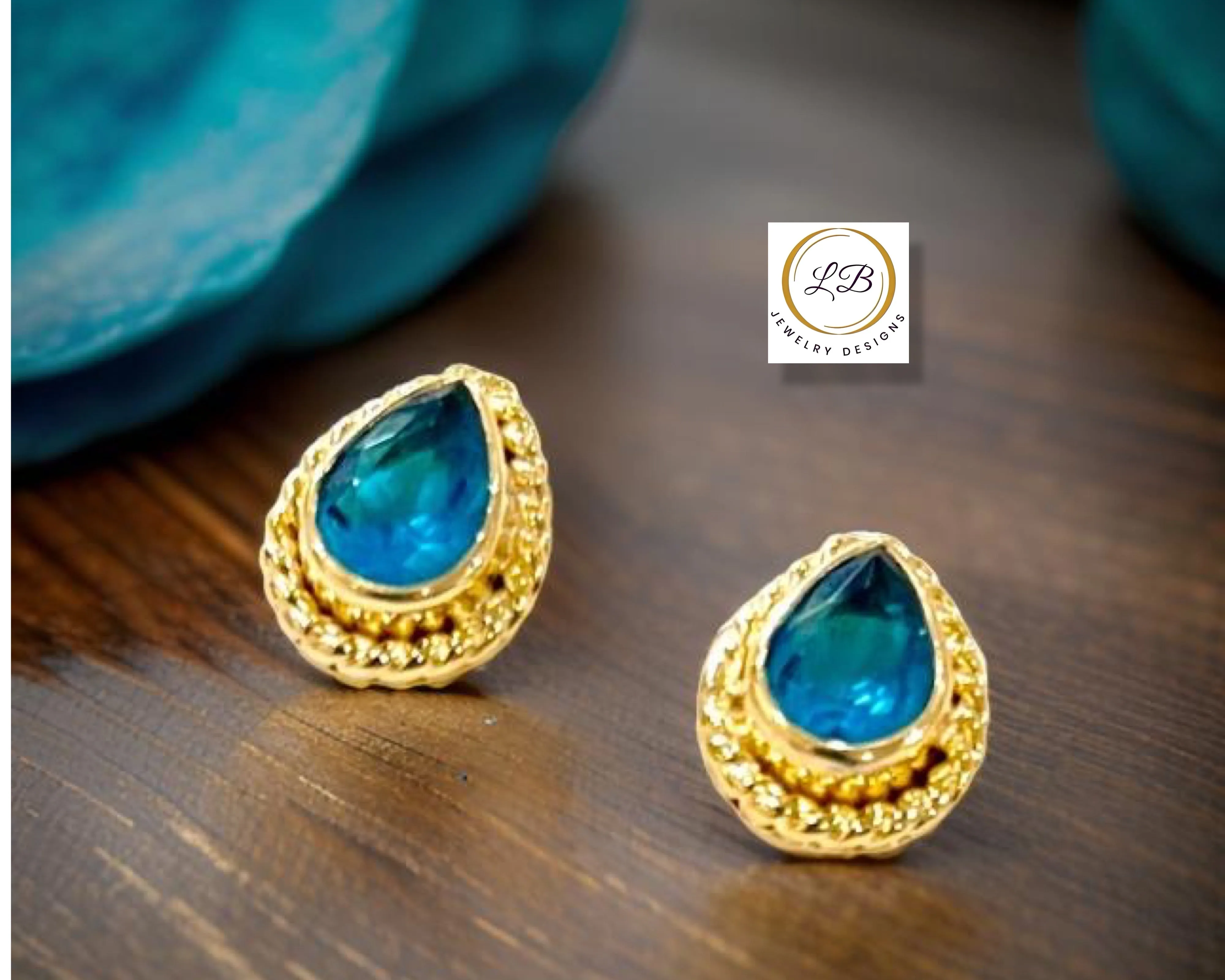 Petite Tear-Shaped Blue Chalcedony Gold Stud Earrings