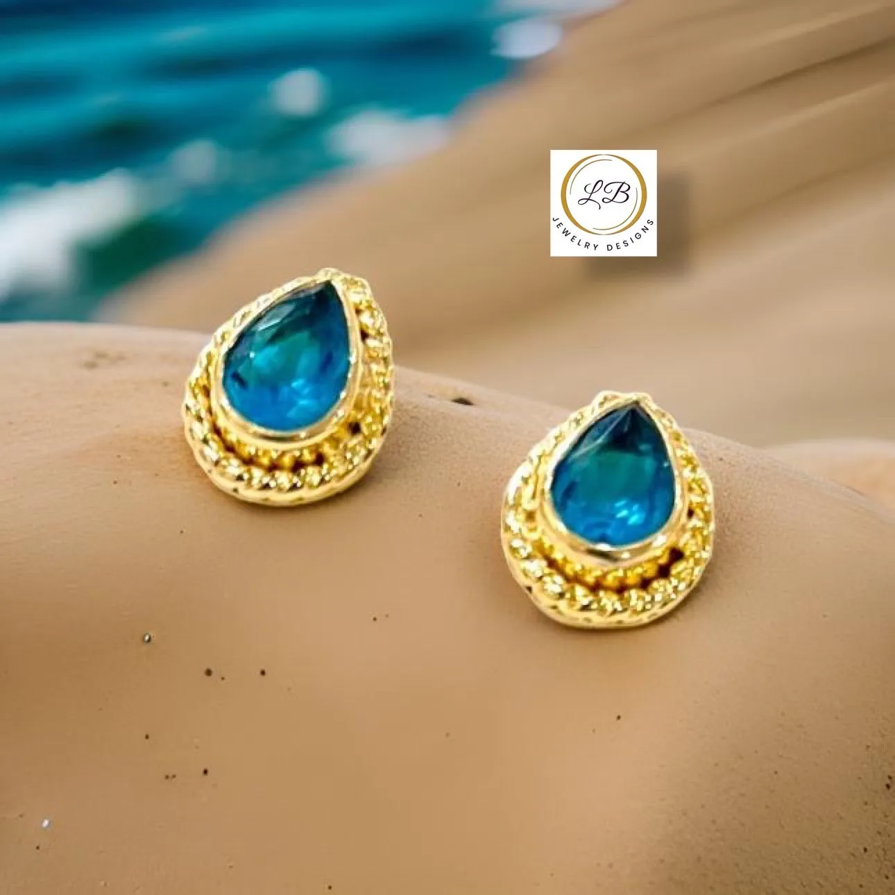 Petite Tear-Shaped Blue Chalcedony Gold Stud Earrings