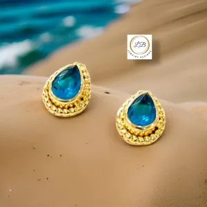 Petite Tear-Shaped Blue Chalcedony Gold Stud Earrings