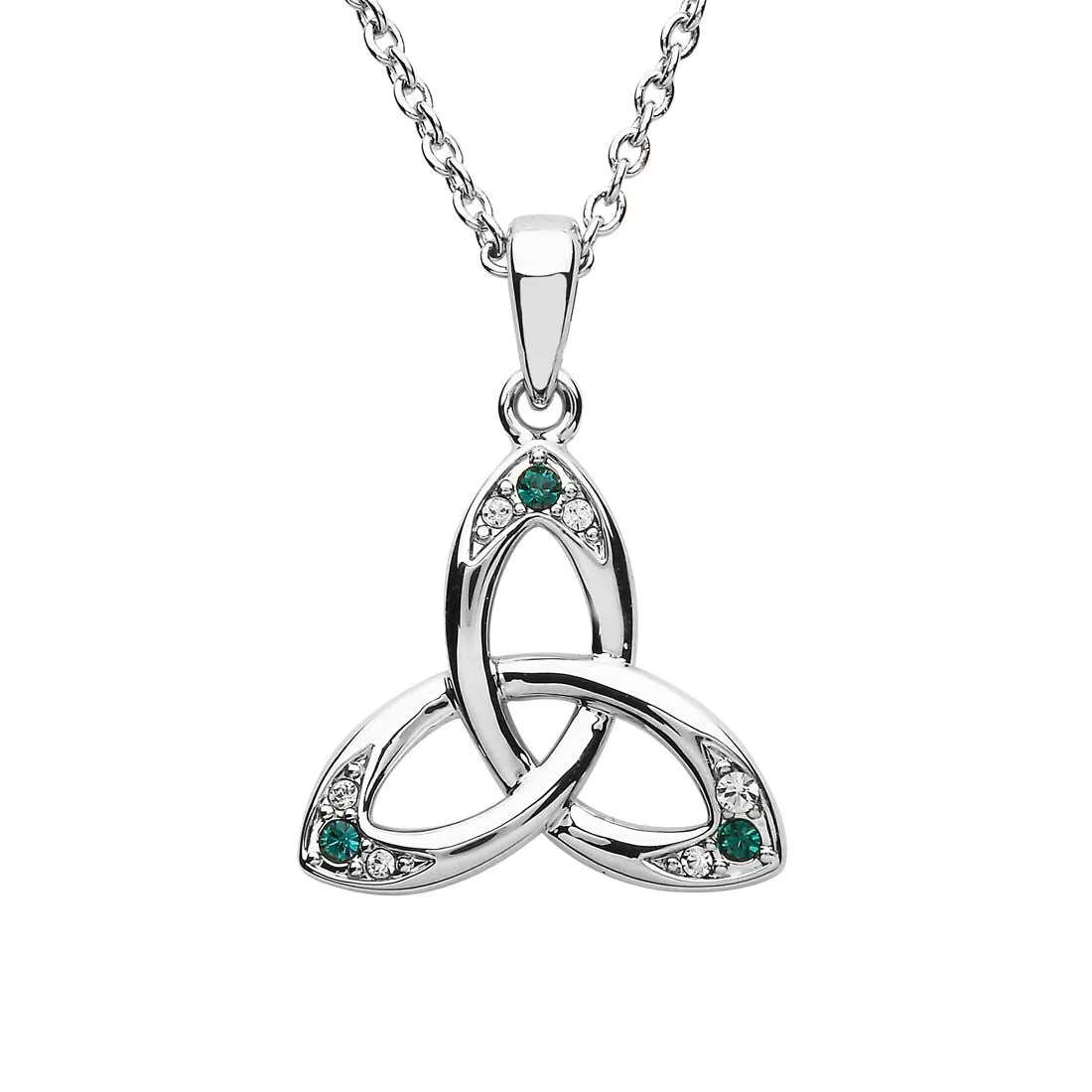 Platinum Plated Trinity Knot necklace With Green & Clear Crystals