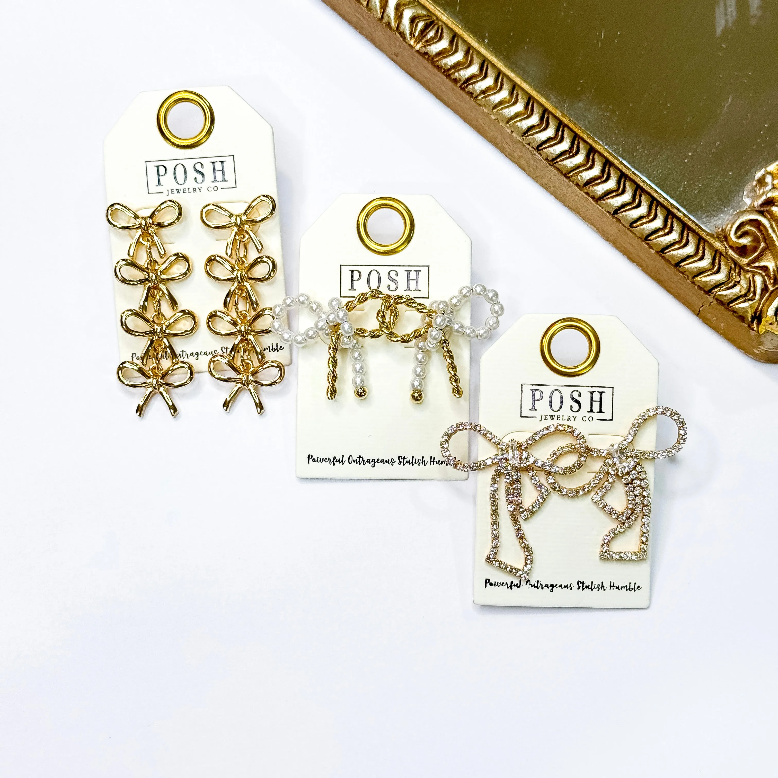 Posh by Pink Panache | Gilded Glamour Gold Tone Bow Dangle Earrings