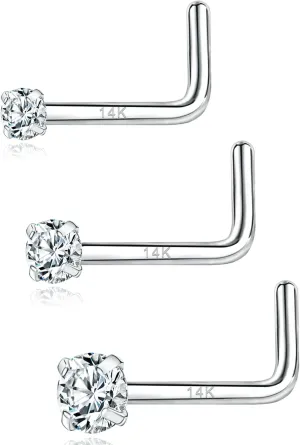 PunkTracker 20g 14K Real Gold Nose Rings CZ Simulated Diamond Nose Studs Hypoallergenic Nostril Nose Piercing Jewelry for Women Men