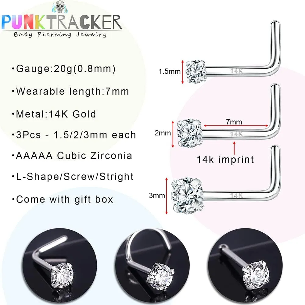 PunkTracker 20g 14K Real Gold Nose Rings CZ Simulated Diamond Nose Studs Hypoallergenic Nostril Nose Piercing Jewelry for Women Men