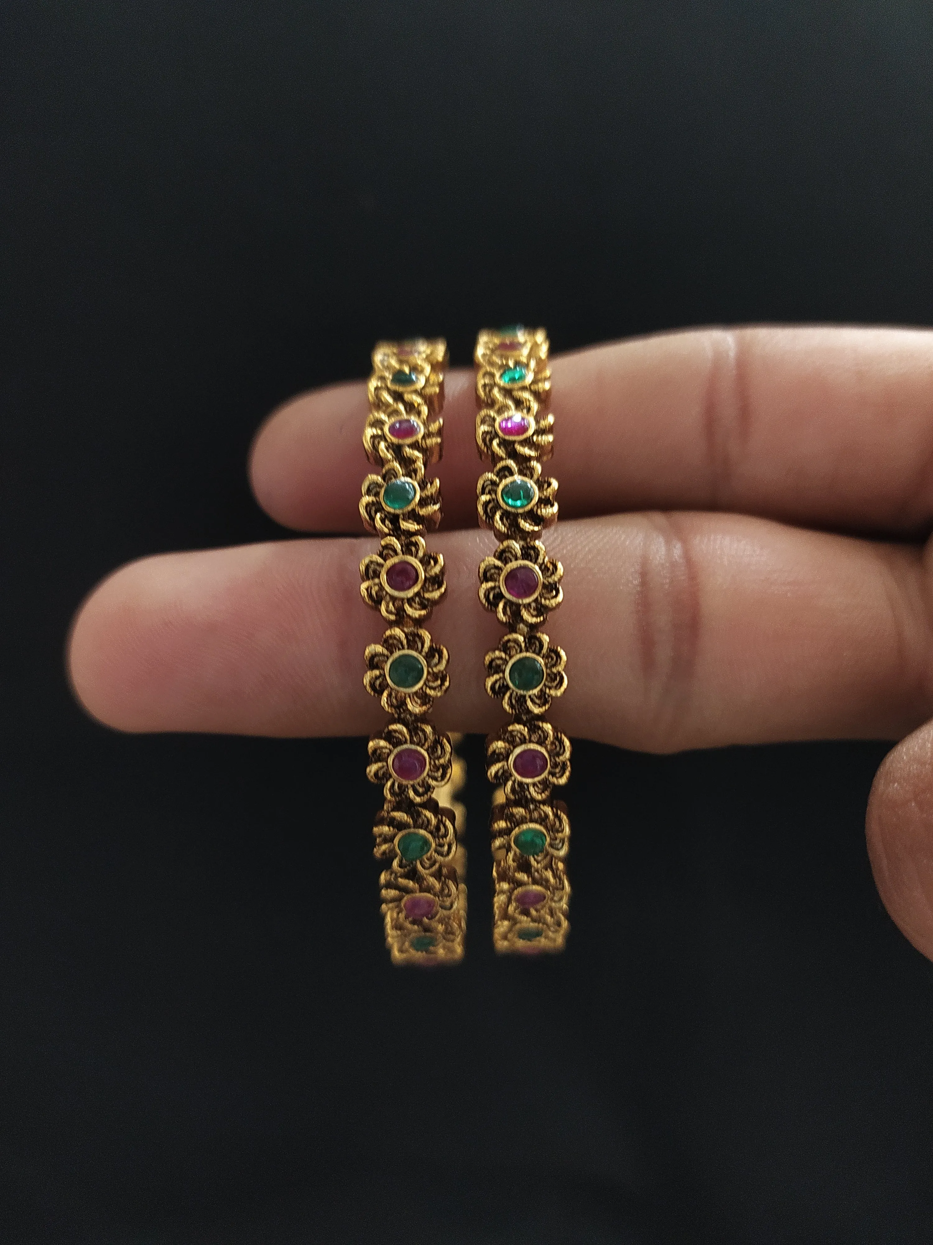 "Antique Floral Design Bangles with Kemp & Green Stones"