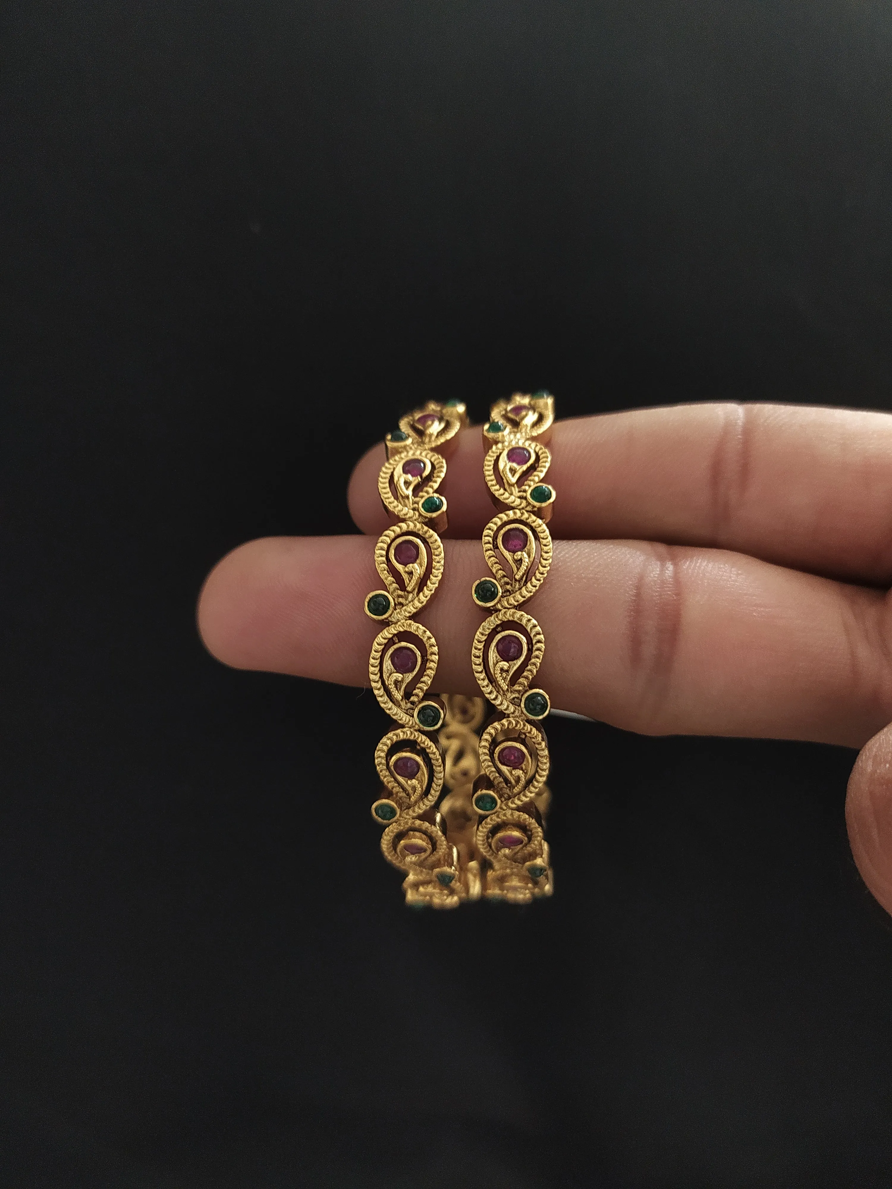 "Antique Mango-Shaped Bangles with Kemp and Green Stones"