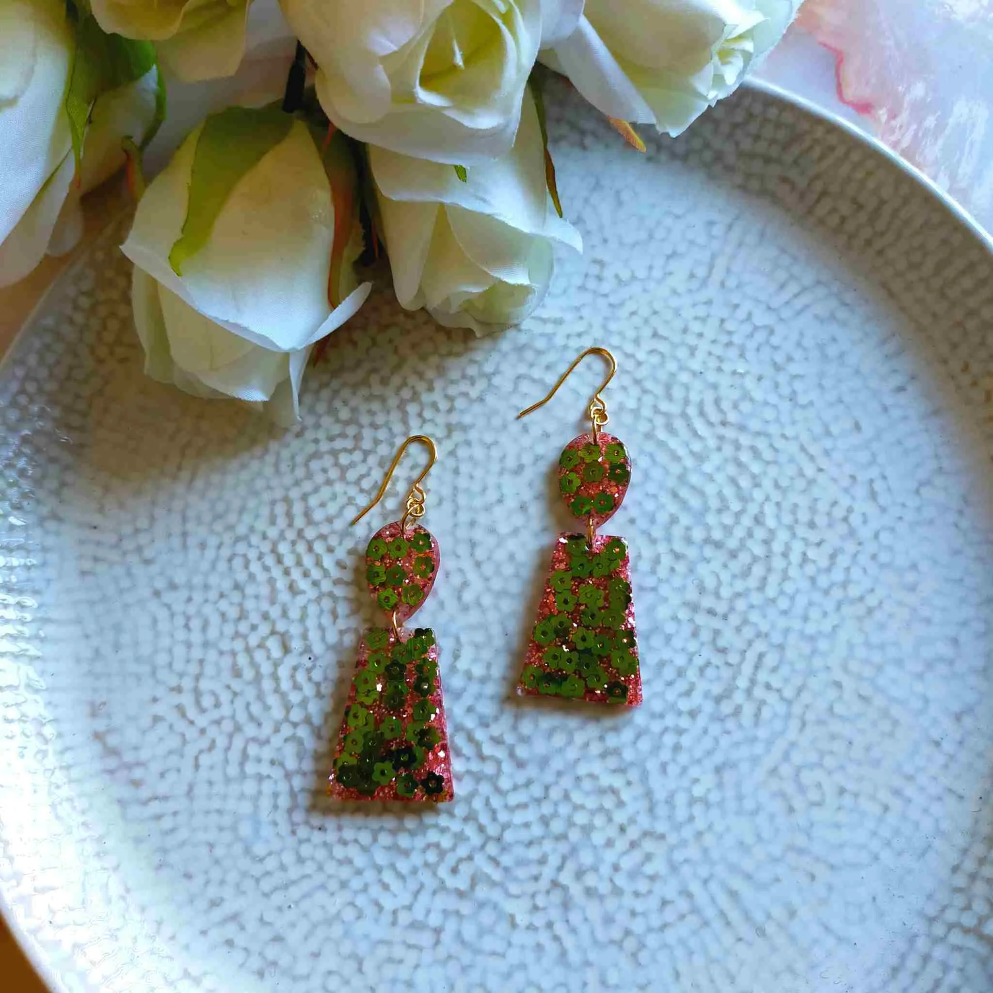 "Aria" Green Flower and Pink Glitter Resin Dangle Earrings