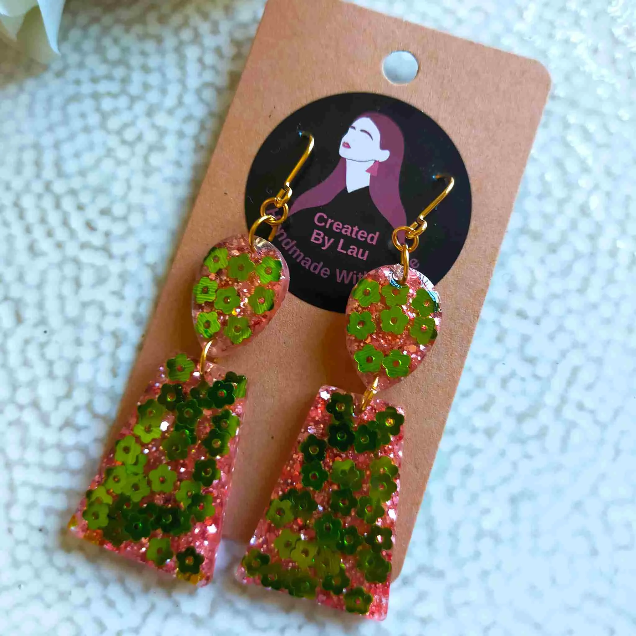 "Aria" Green Flower and Pink Glitter Resin Dangle Earrings