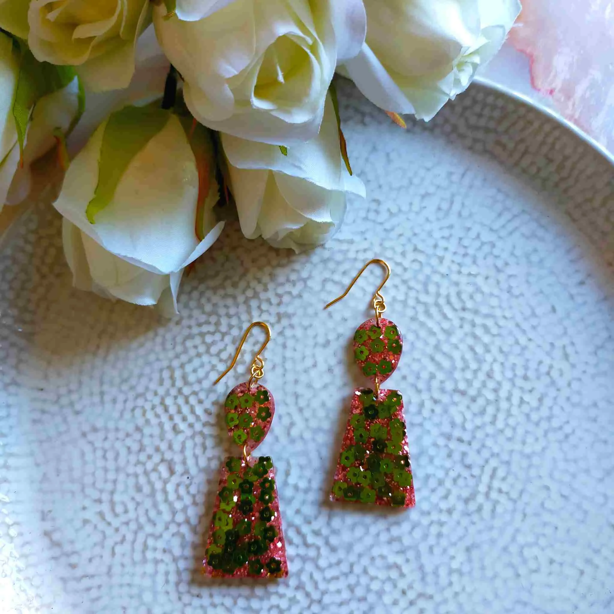 "Aria" Green Flower and Pink Glitter Resin Dangle Earrings