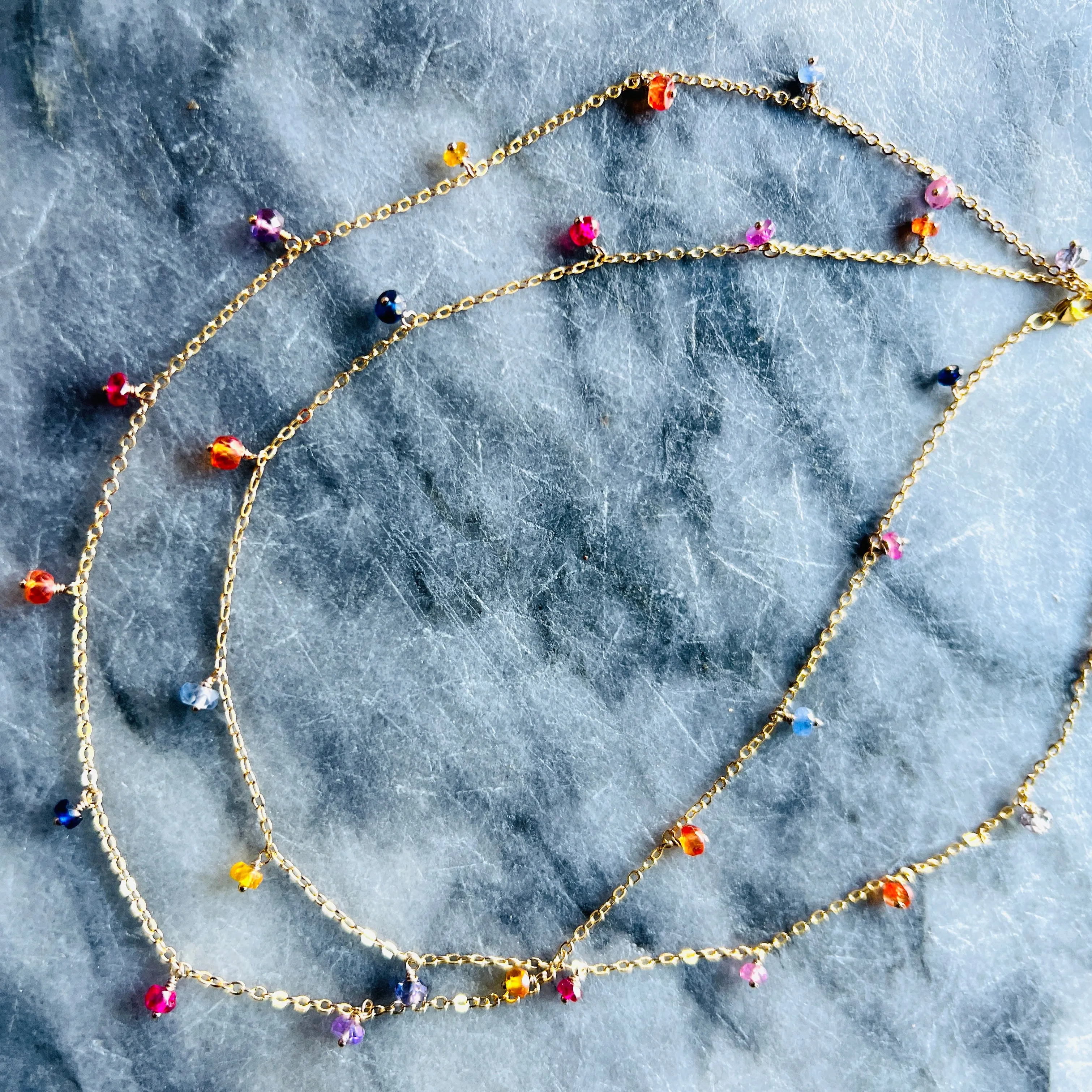 Rainbow Raindrop Sapphire Station Necklace