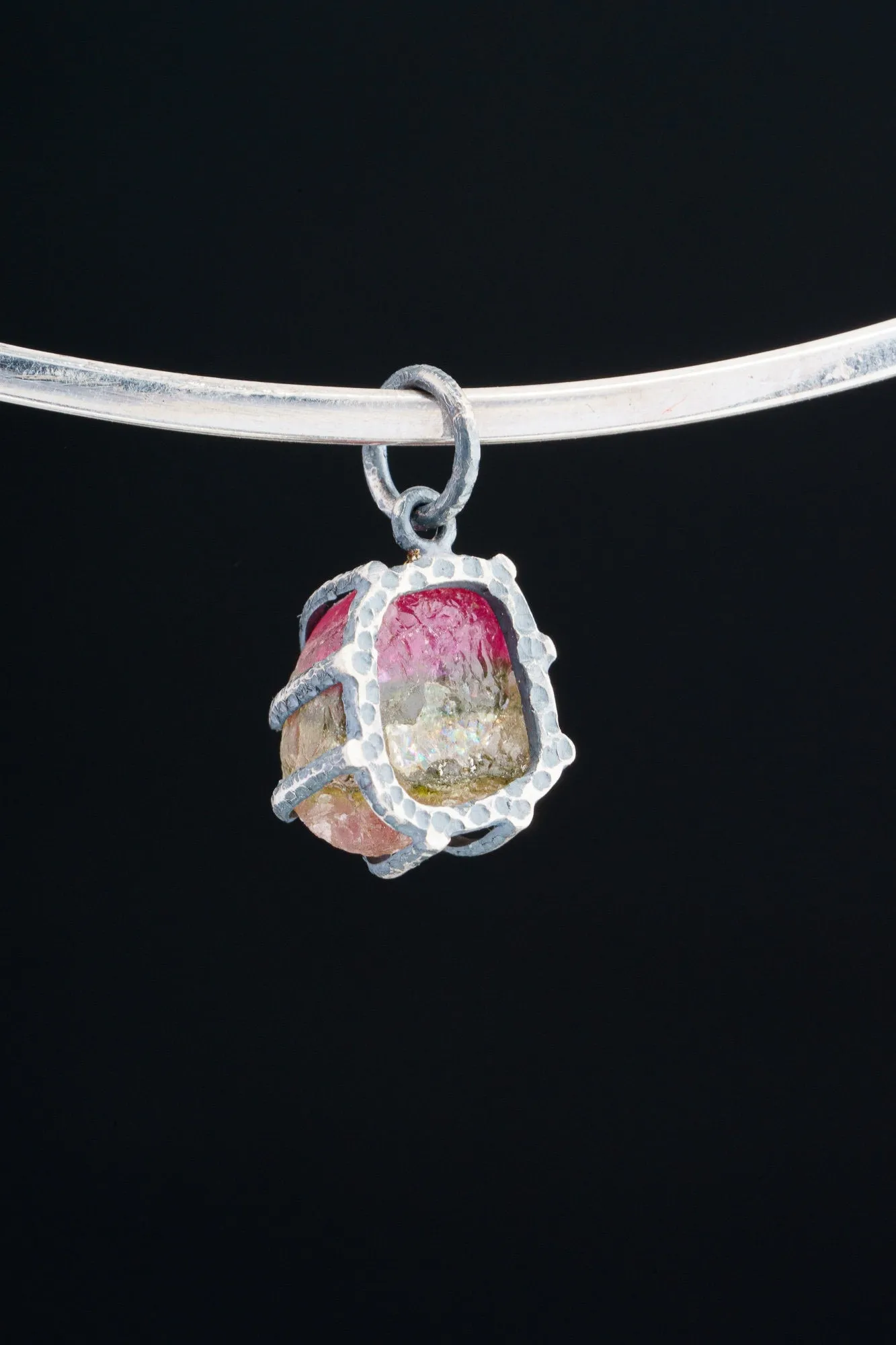 Raw Gem Watermelon Tourmaline Chunk- Oxidised Sterling Silver - Strong Claw Wire Setting  - Hammer Textured - Pendant Crystal Necklace