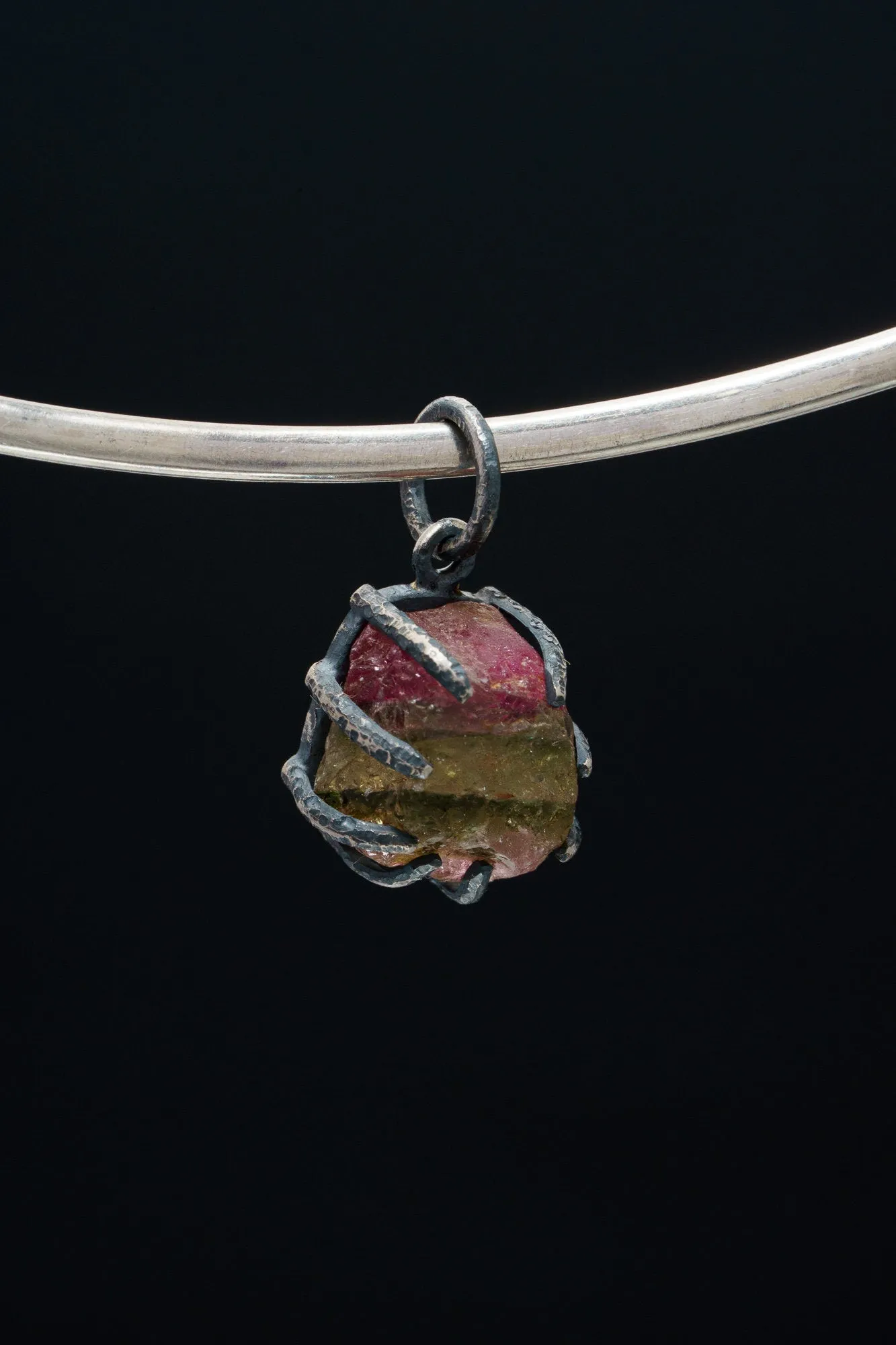 Raw Gem Watermelon Tourmaline Chunk- Oxidised Sterling Silver - Strong Claw Wire Setting  - Hammer Textured - Pendant Crystal Necklace